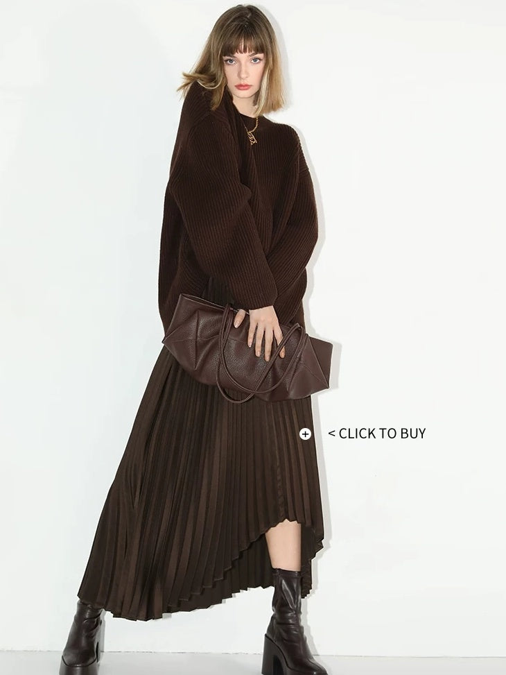 COCOBELLA Soft Acrylic Textured Straight Cut Office Crew Neck Chocolate Brown Sweater