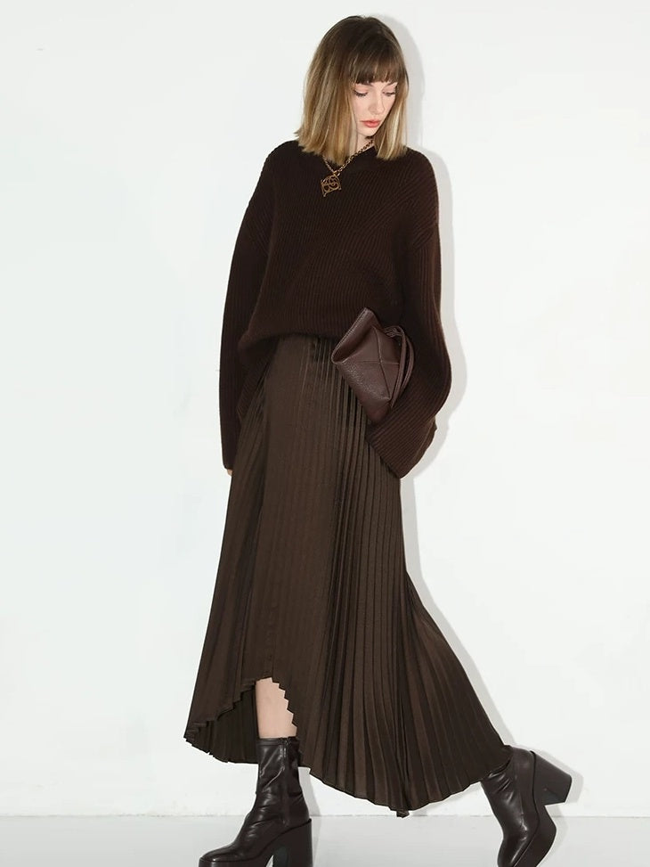 COCOBELLA Soft Acrylic Textured Straight Cut Office Crew Neck Chocolate Brown Sweater