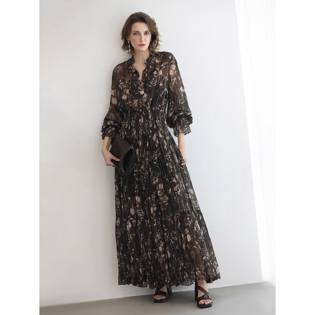 COCOBELLA_Soft_Chiffon_Floral_Button_Pleated_High_Waist_A_Line_V_Neck_Dresses_MISSTT