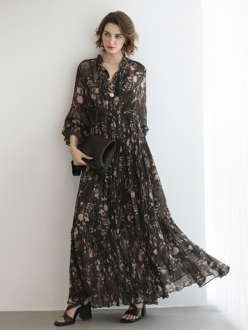 COCOBELLA Soft Chiffon Floral Button Pleated High Waist A Line V Neck Dresses