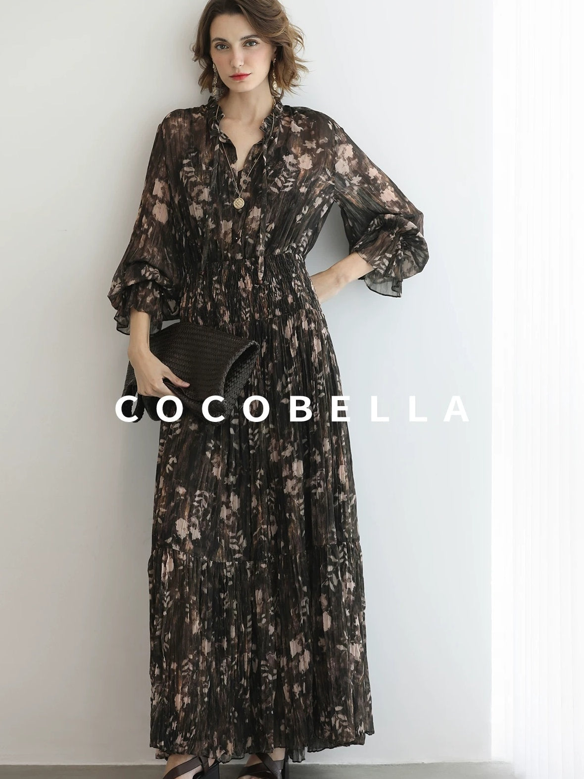 COCOBELLA Soft Chiffon Floral Button Pleated High Waist A Line V Neck Dresses