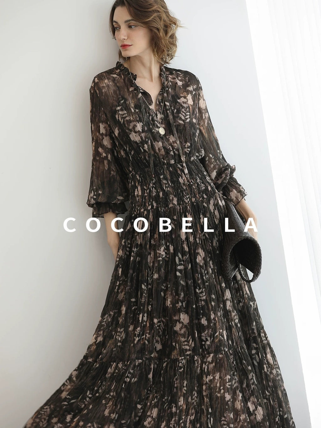 COCOBELLA Soft Chiffon Floral Button Pleated High Waist A Line V Neck Dresses