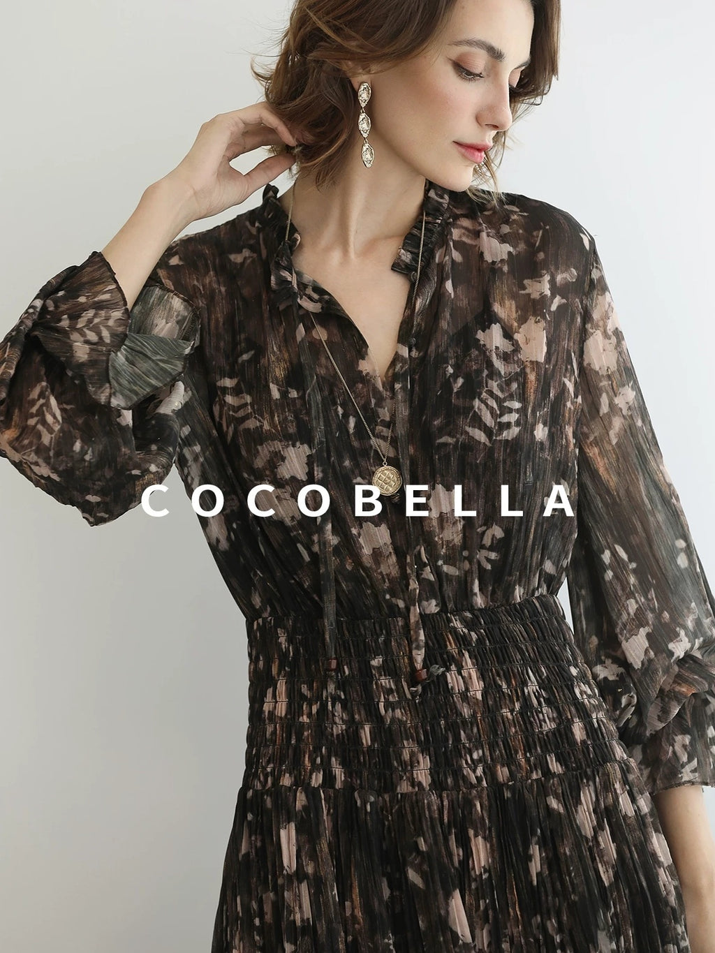 COCOBELLA Soft Chiffon Floral Button Pleated High Waist A Line V Neck Dresses