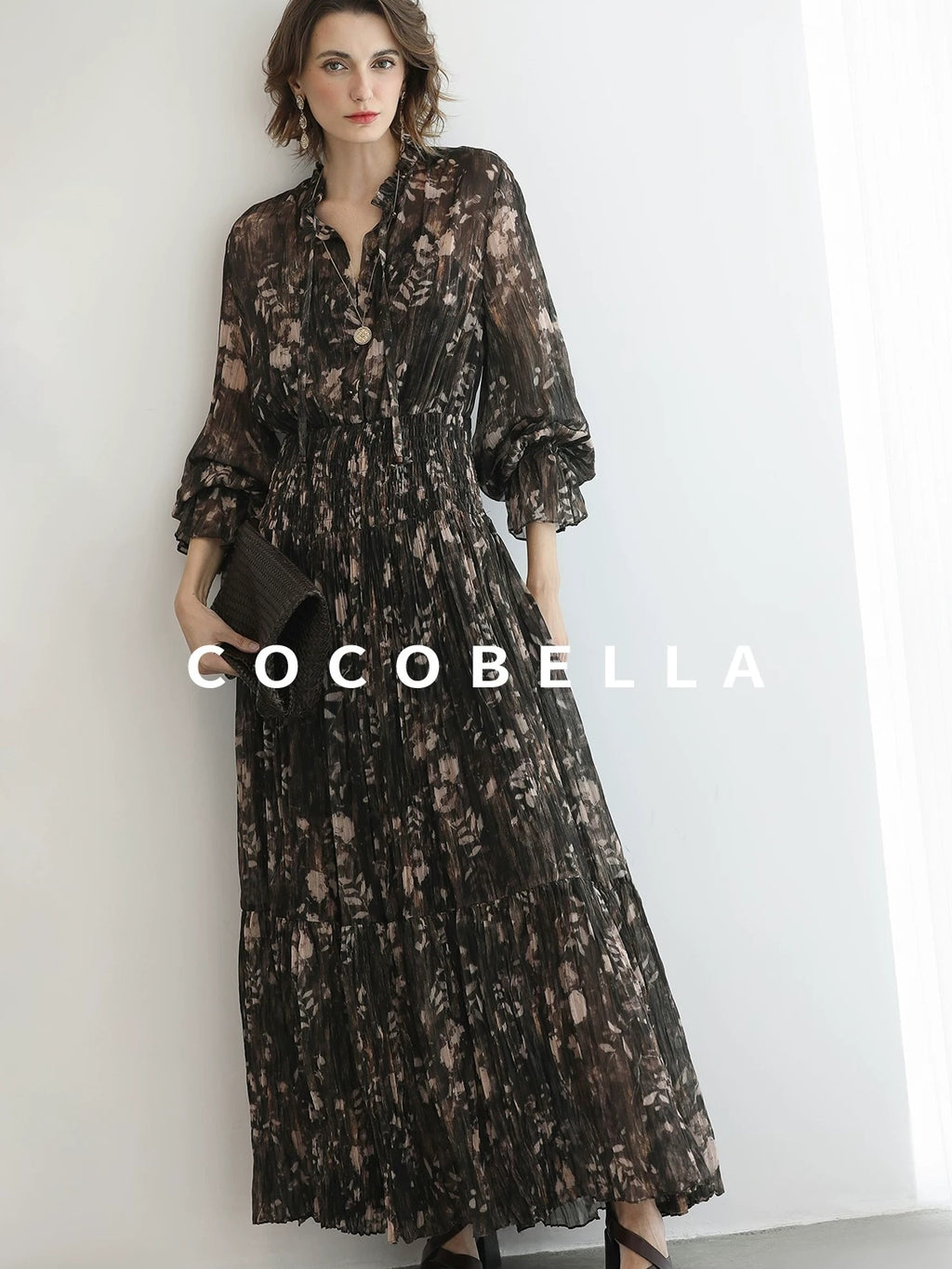 COCOBELLA Soft Chiffon Floral Button Pleated High Waist A Line V Neck Dresses