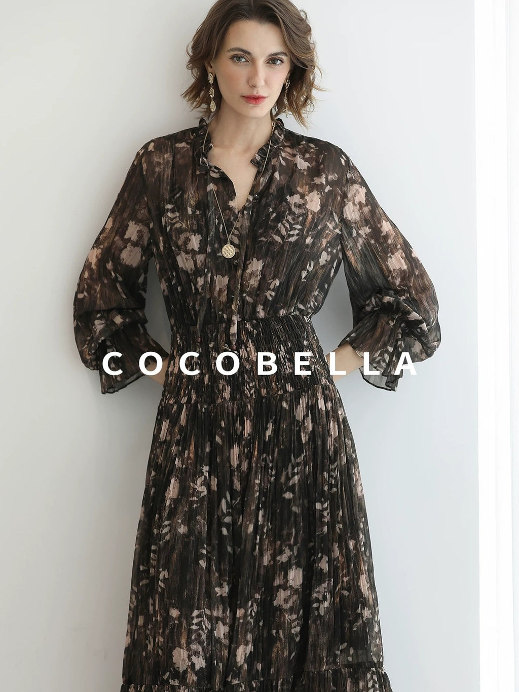 COCOBELLA Soft Chiffon Floral Button Pleated High Waist A Line V Neck Dresses