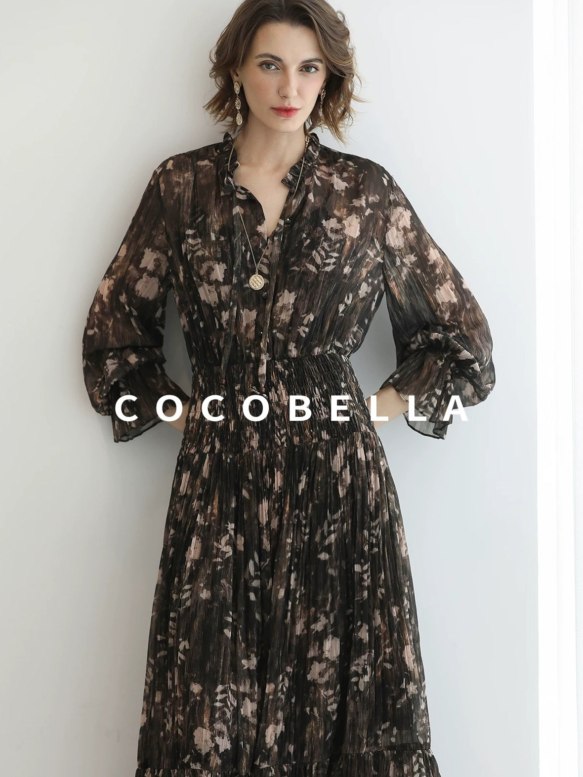 COCOBELLA Soft Chiffon Floral Button Pleated High Waist A Line V Neck Dresses