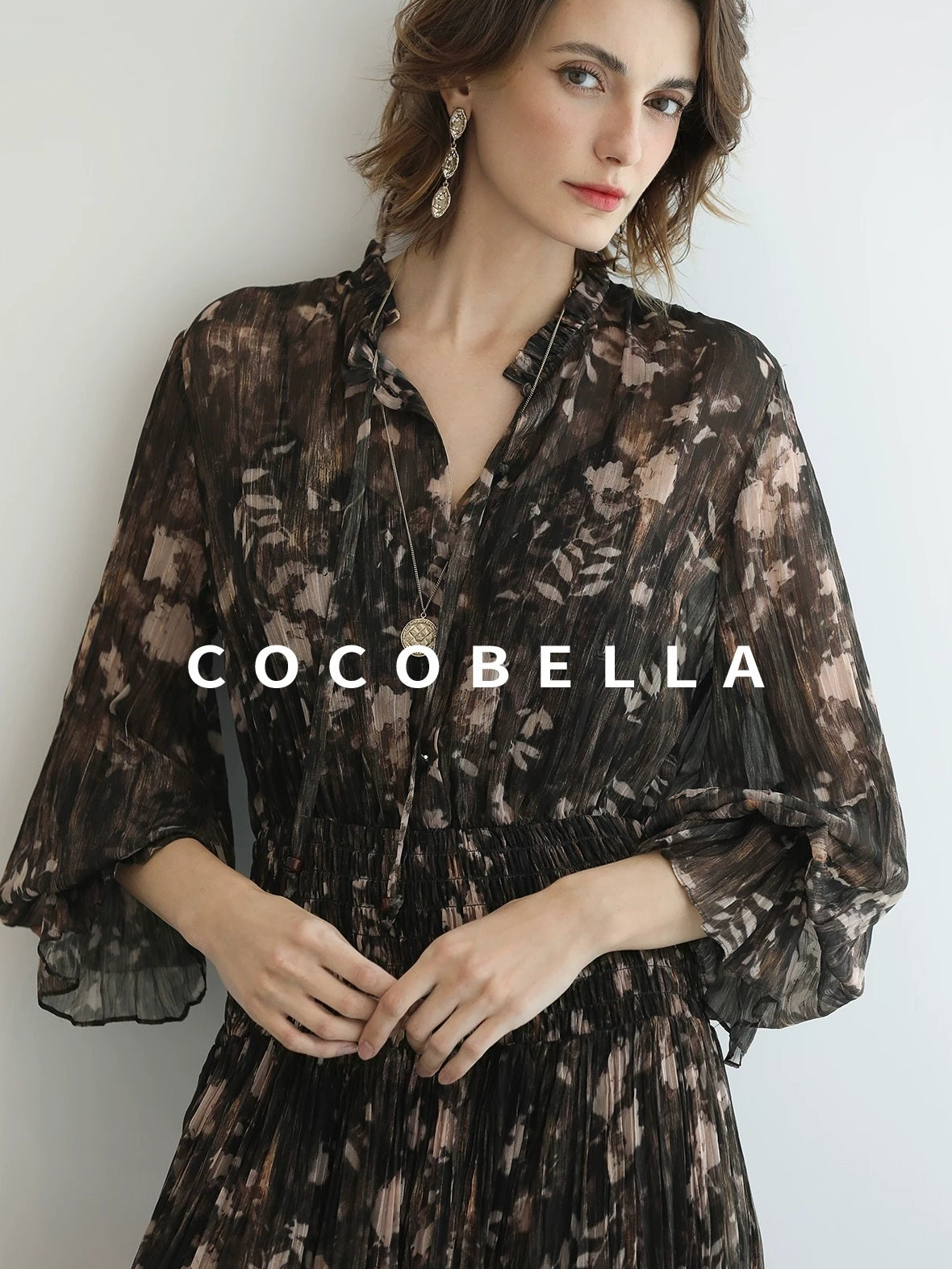 COCOBELLA Soft Chiffon Floral Button Pleated High Waist A Line V Neck Dresses