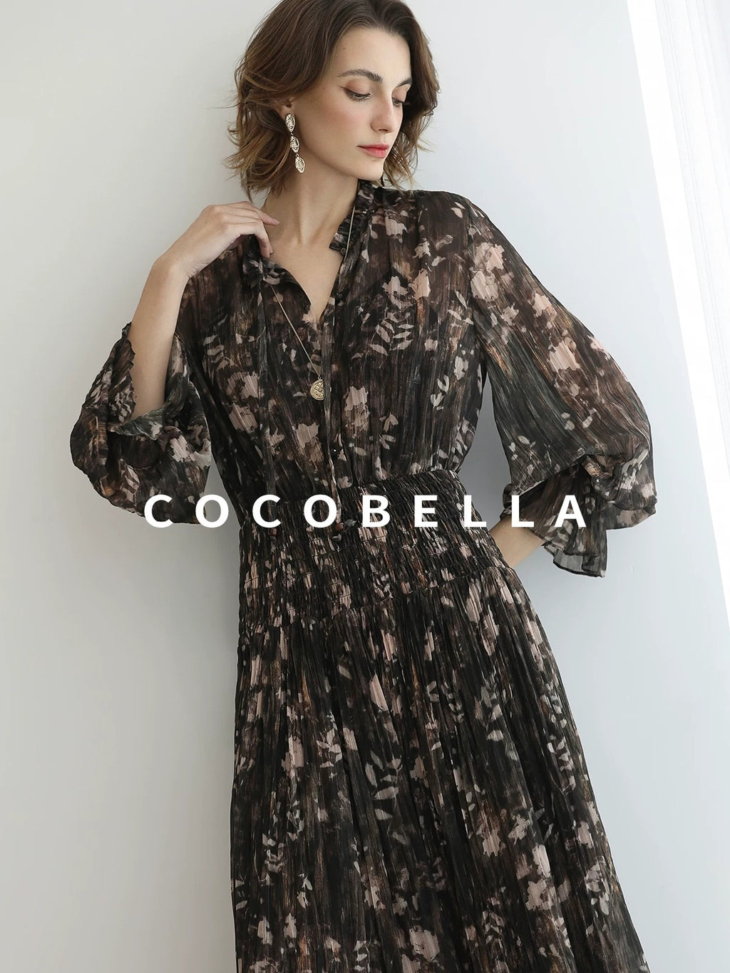 COCOBELLA Soft Chiffon Floral Button Pleated High Waist A Line V Neck Dresses
