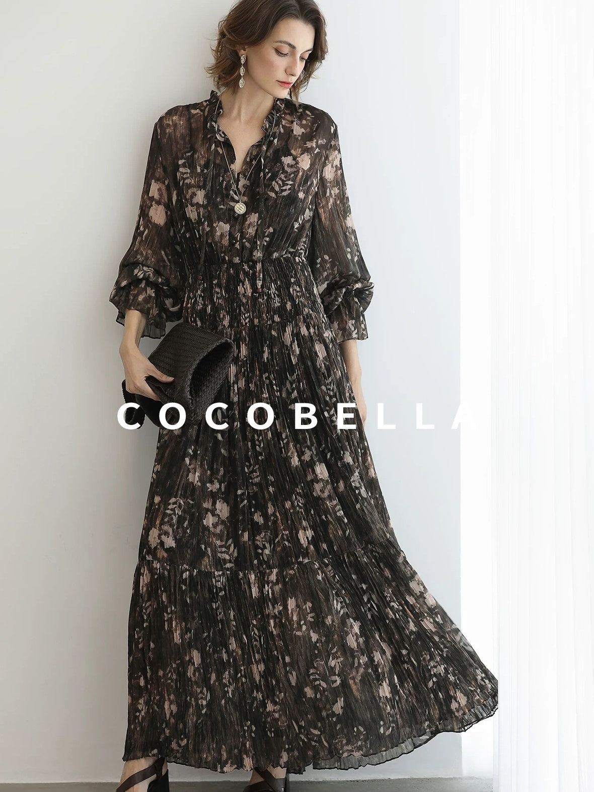 COCOBELLA Soft Chiffon Floral Button Pleated High Waist A Line V Neck Dresses