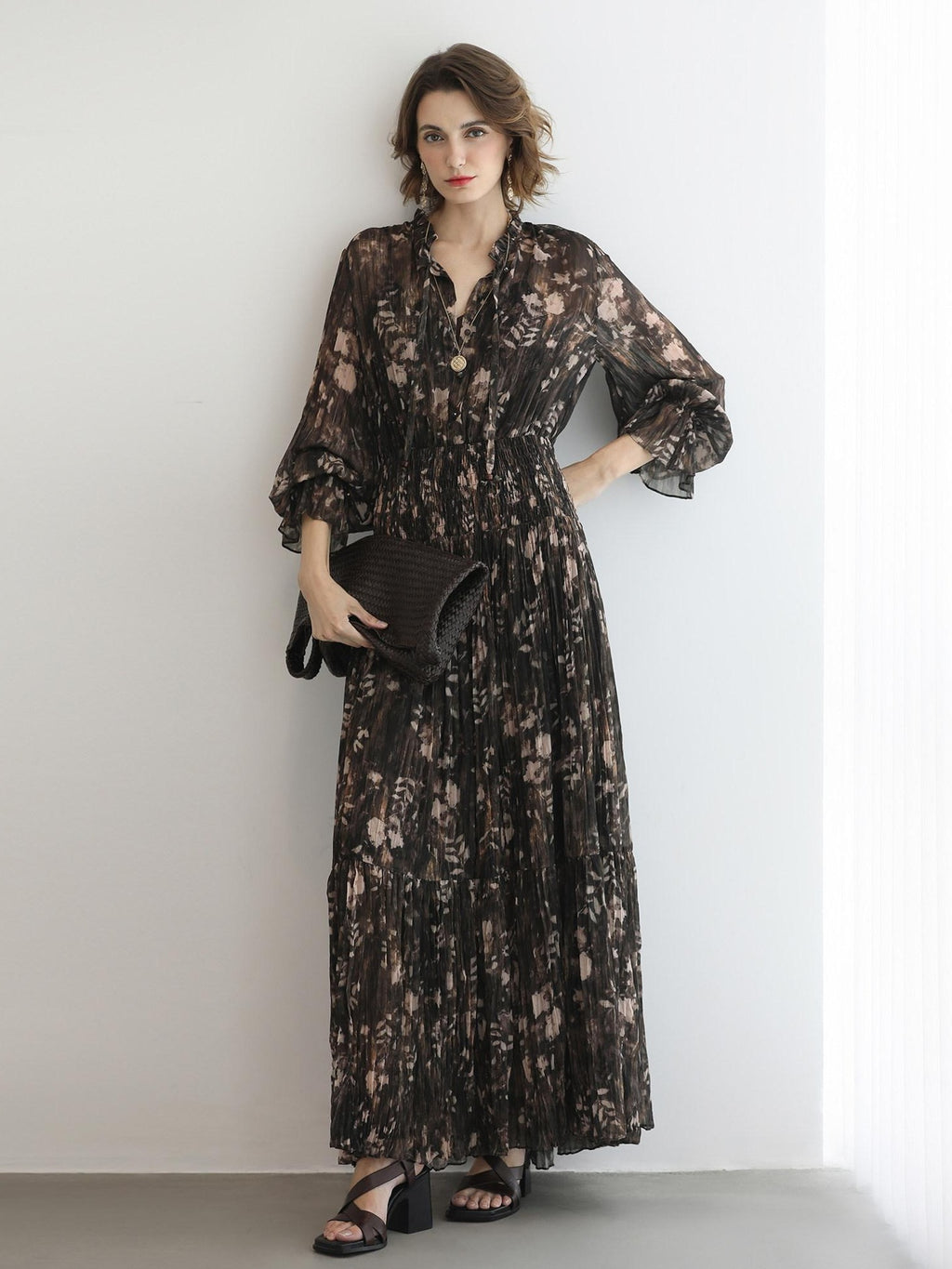 COCOBELLA Soft Chiffon Floral Button Pleated High Waist A Line V Neck Dresses