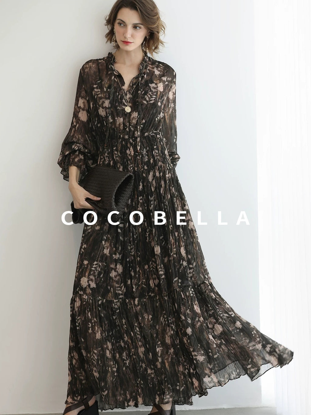 COCOBELLA Soft Chiffon Floral Button Pleated High Waist A Line V Neck Dresses