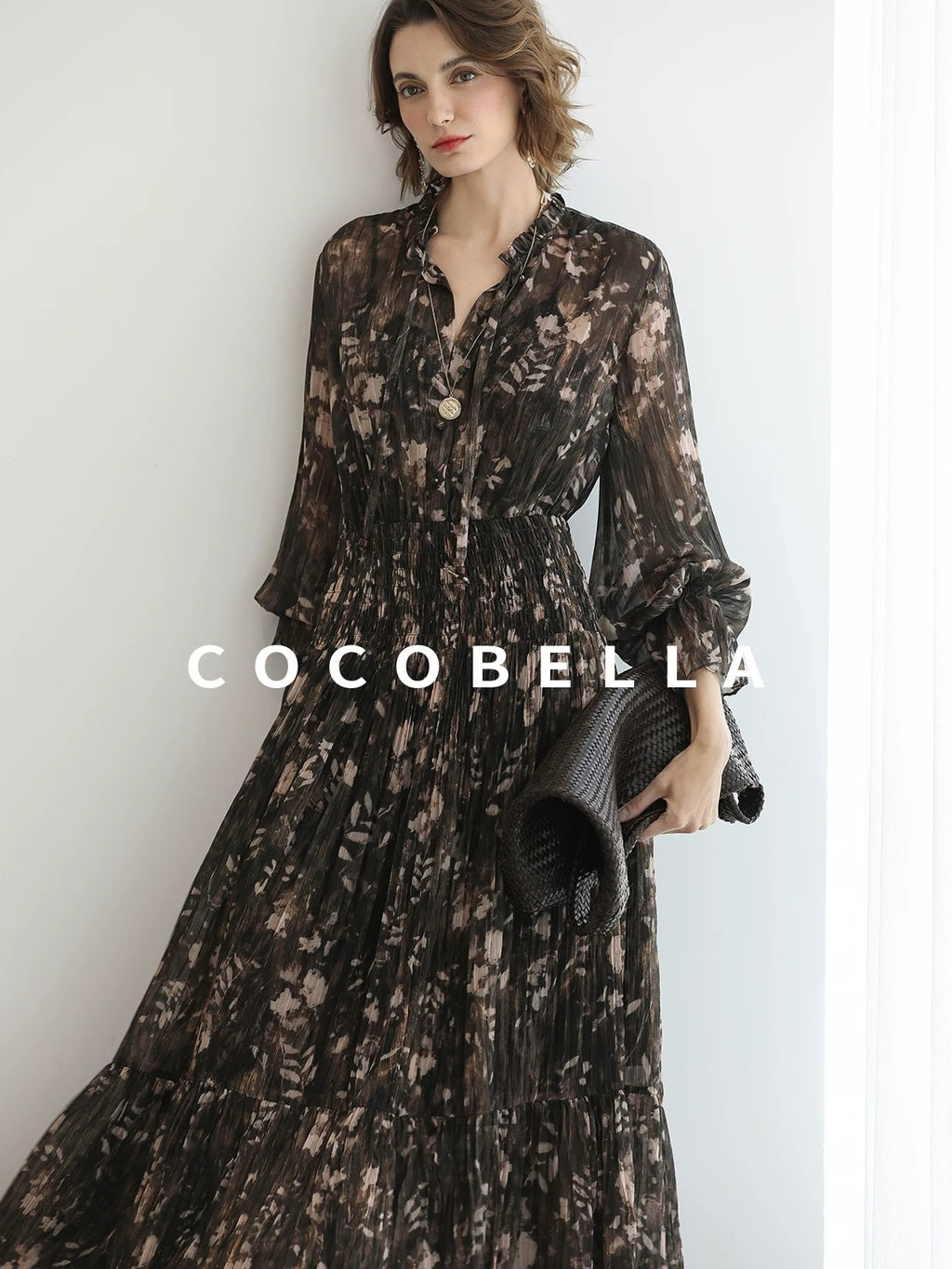 COCOBELLA Soft Chiffon Floral Button Pleated High Waist A Line V Neck Dresses