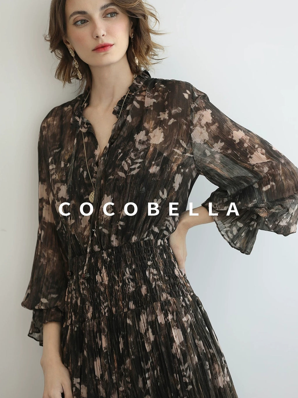 COCOBELLA Soft Chiffon Floral Button Pleated High Waist A Line V Neck Dresses