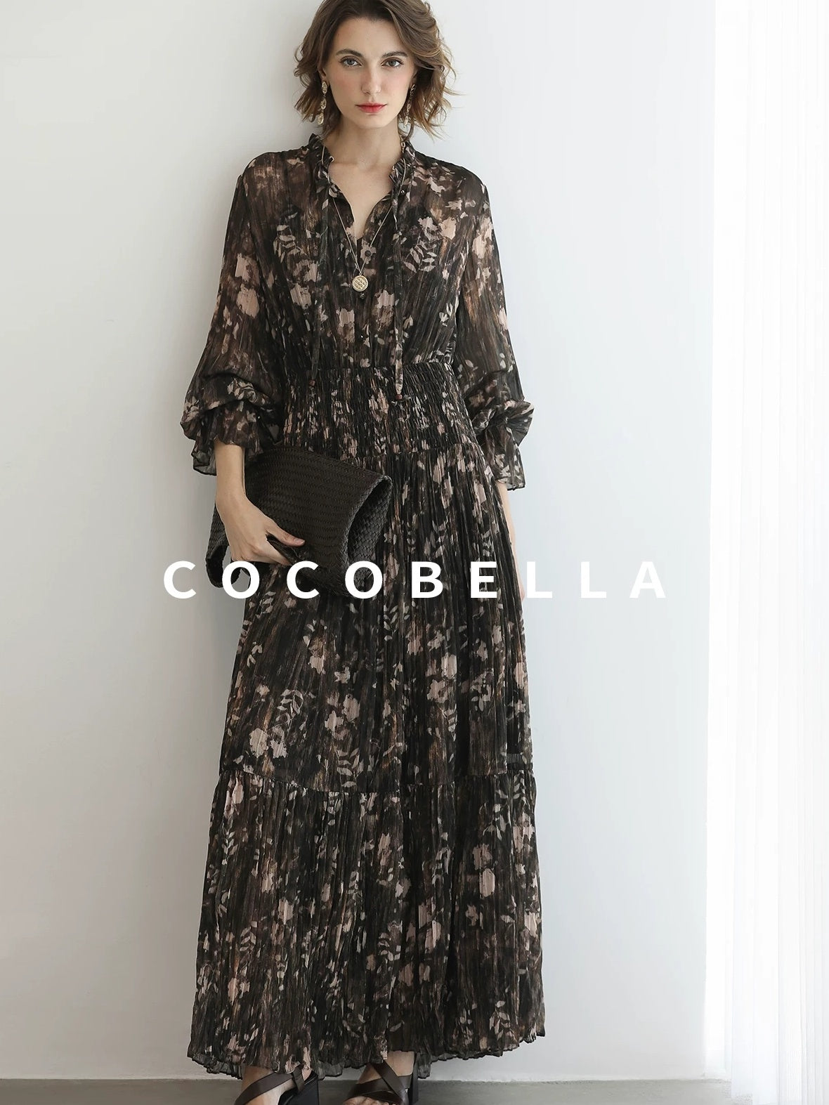 COCOBELLA Soft Chiffon Floral Button Pleated High Waist A Line V Neck Dresses