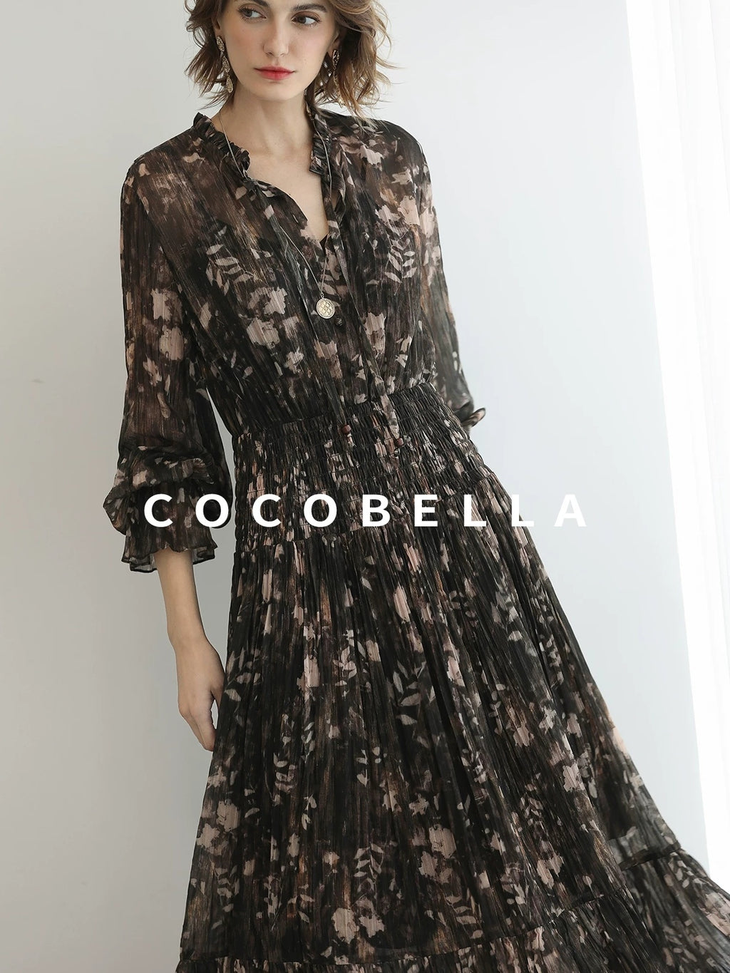 COCOBELLA Soft Chiffon Floral Button Pleated High Waist A Line V Neck Dresses