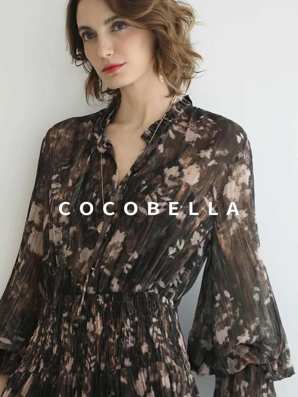 COCOBELLA Soft Chiffon Floral Button Pleated High Waist A Line V Neck Dresses