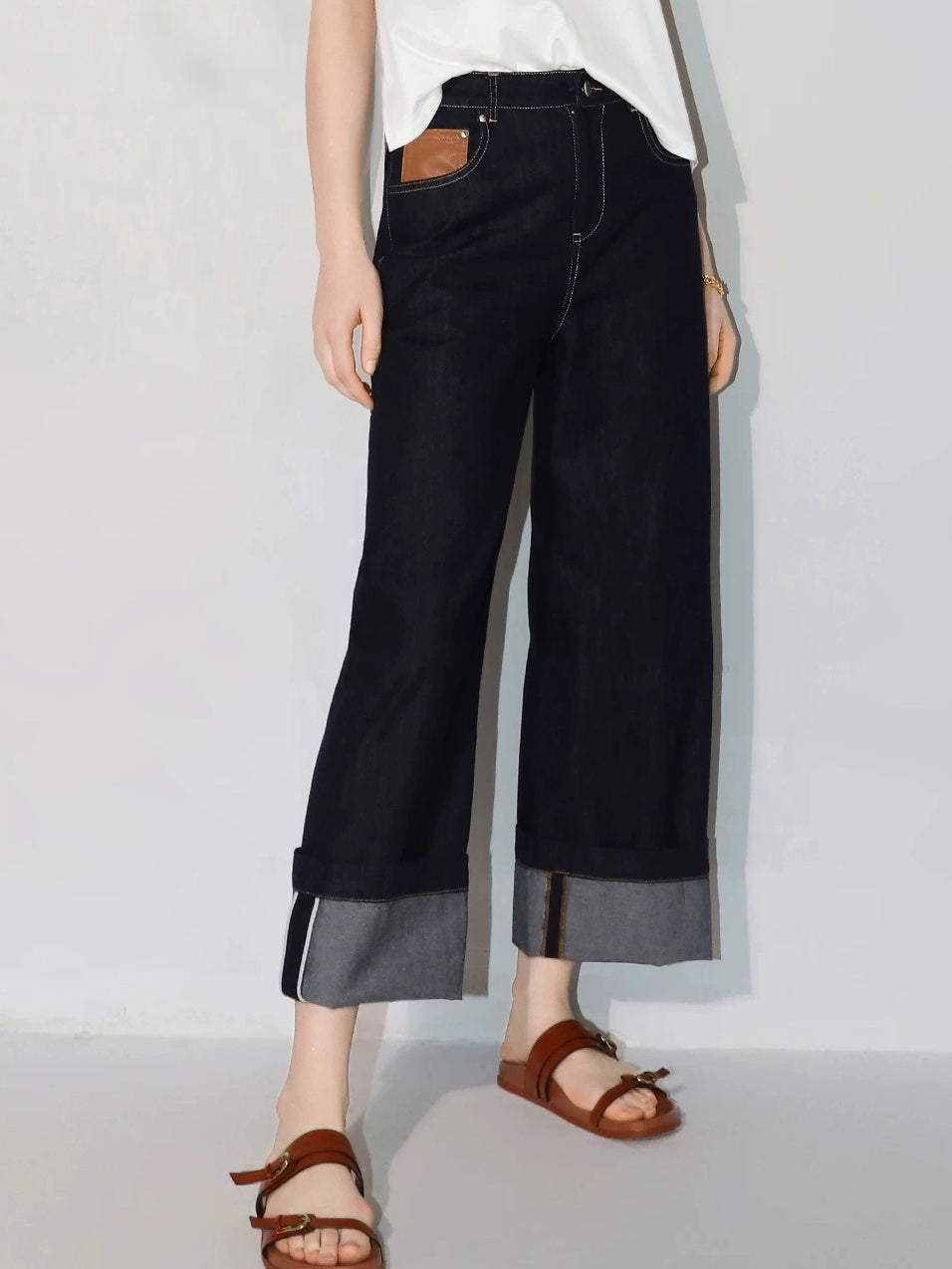 COCOBELLA Soft Cotton Blend Natural Waist Wide Leg Relaxed Fit Dark Indigo Women Pants