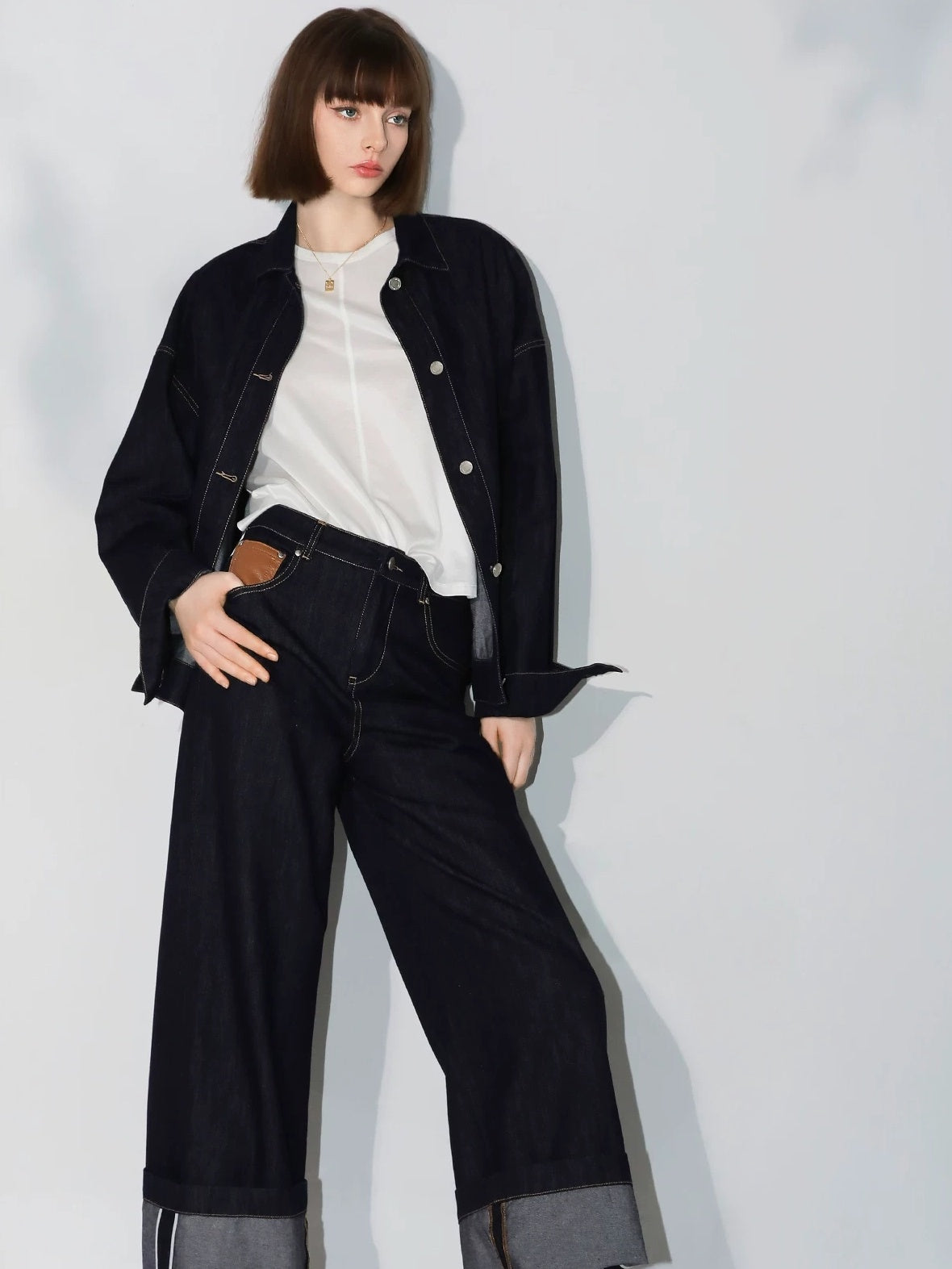 COCOBELLA Soft Cotton Blend Natural Waist Wide Leg Relaxed Fit Dark Indigo Women Pants