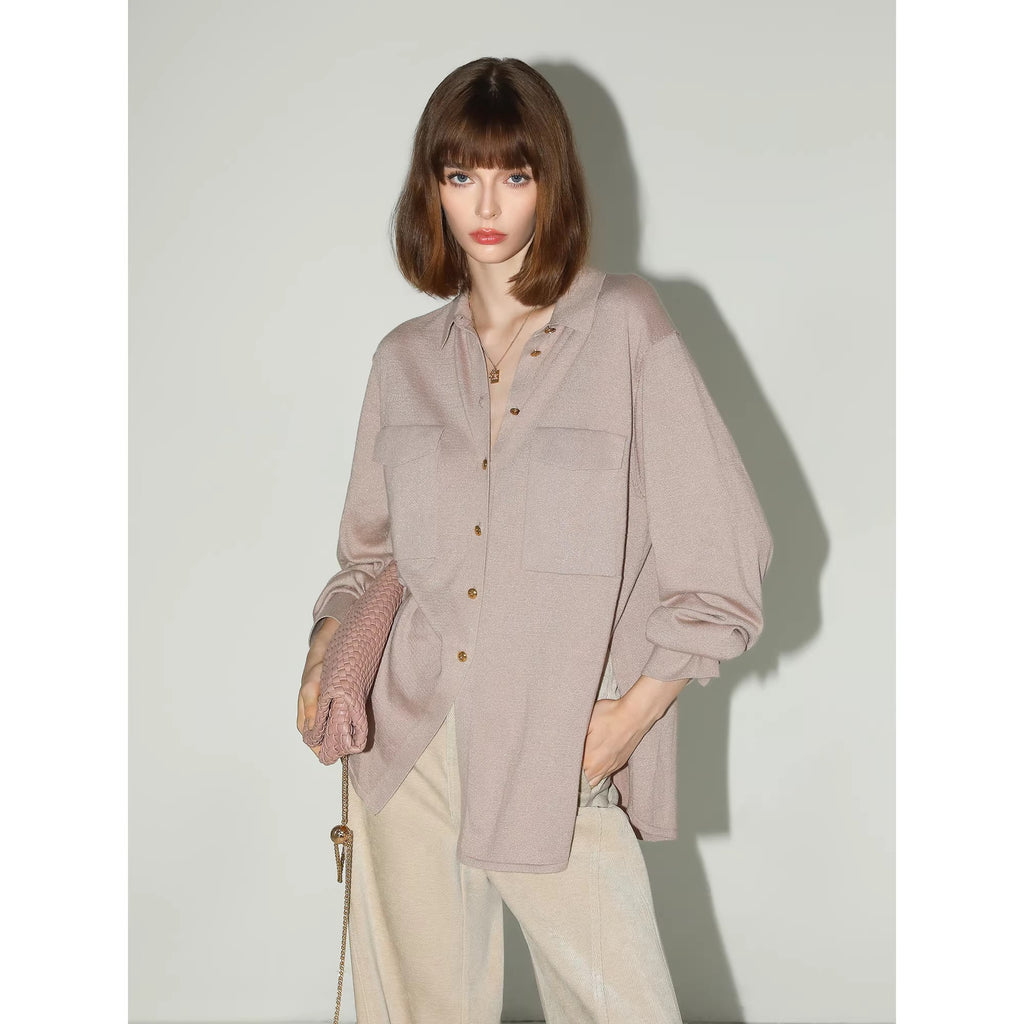 COCOBELLA_Soft_Cotton_Lurex_Button_Pocket_Straight_Ladylike_Long_Sleeve_Collared_Shirts_MISSTT