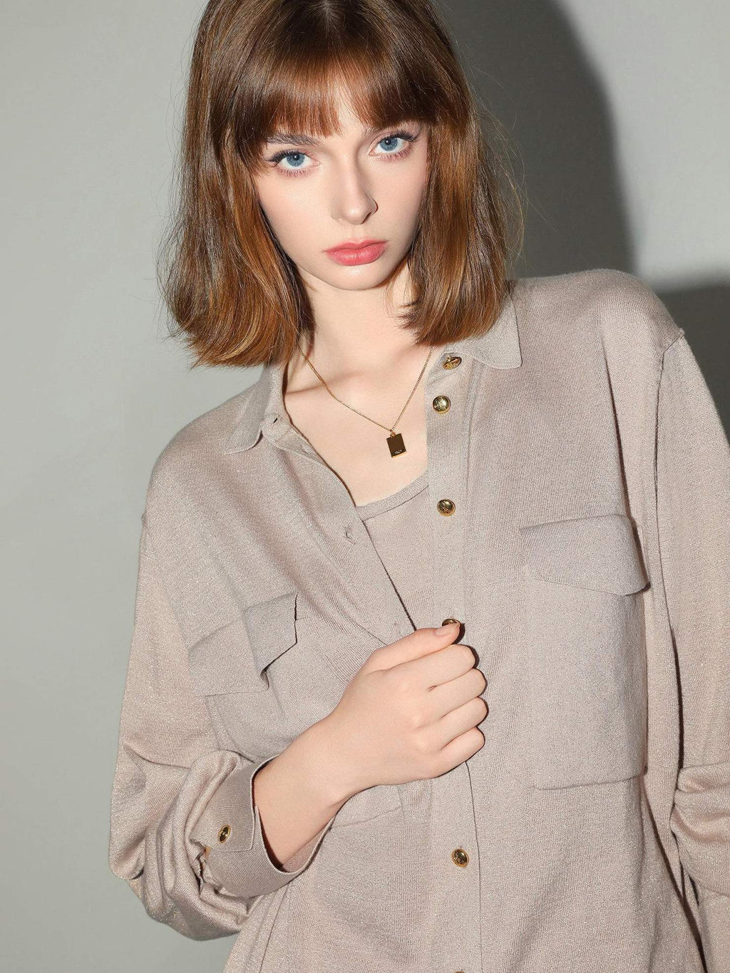 COCOBELLA Soft Cotton Lurex Button Pocket Straight Ladylike Long Sleeve Collared Shirts