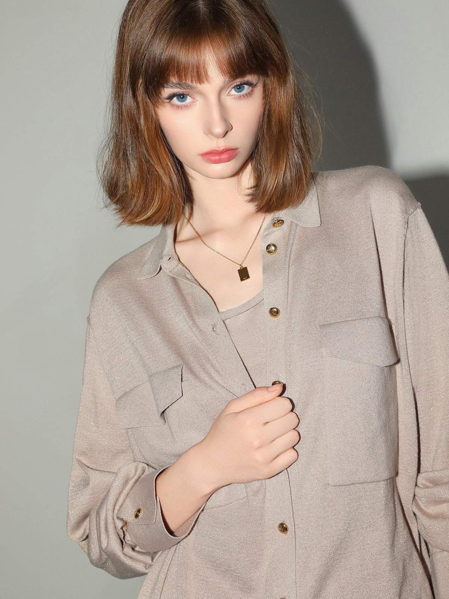 COCOBELLA Soft Cotton Lurex Button Pocket Straight Ladylike Long Sleeve Collared Shirts