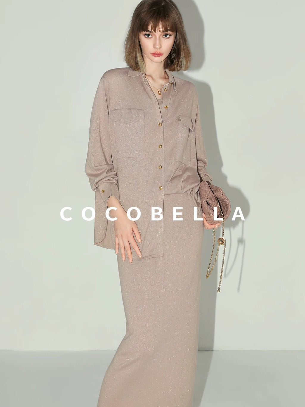 COCOBELLA Soft Cotton Lurex Button Pocket Straight Ladylike Long Sleeve Collared Shirts