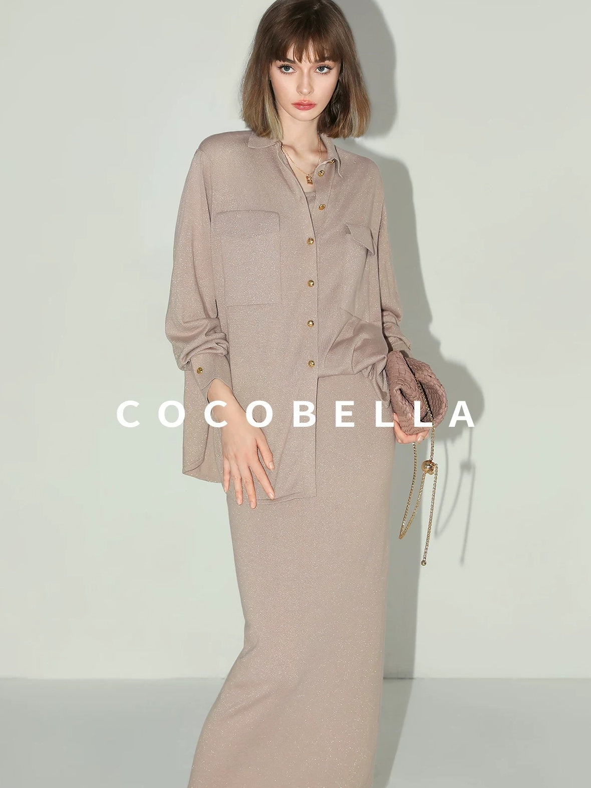 COCOBELLA Soft Cotton Lurex Button Pocket Straight Ladylike Long Sleeve Collared Shirts