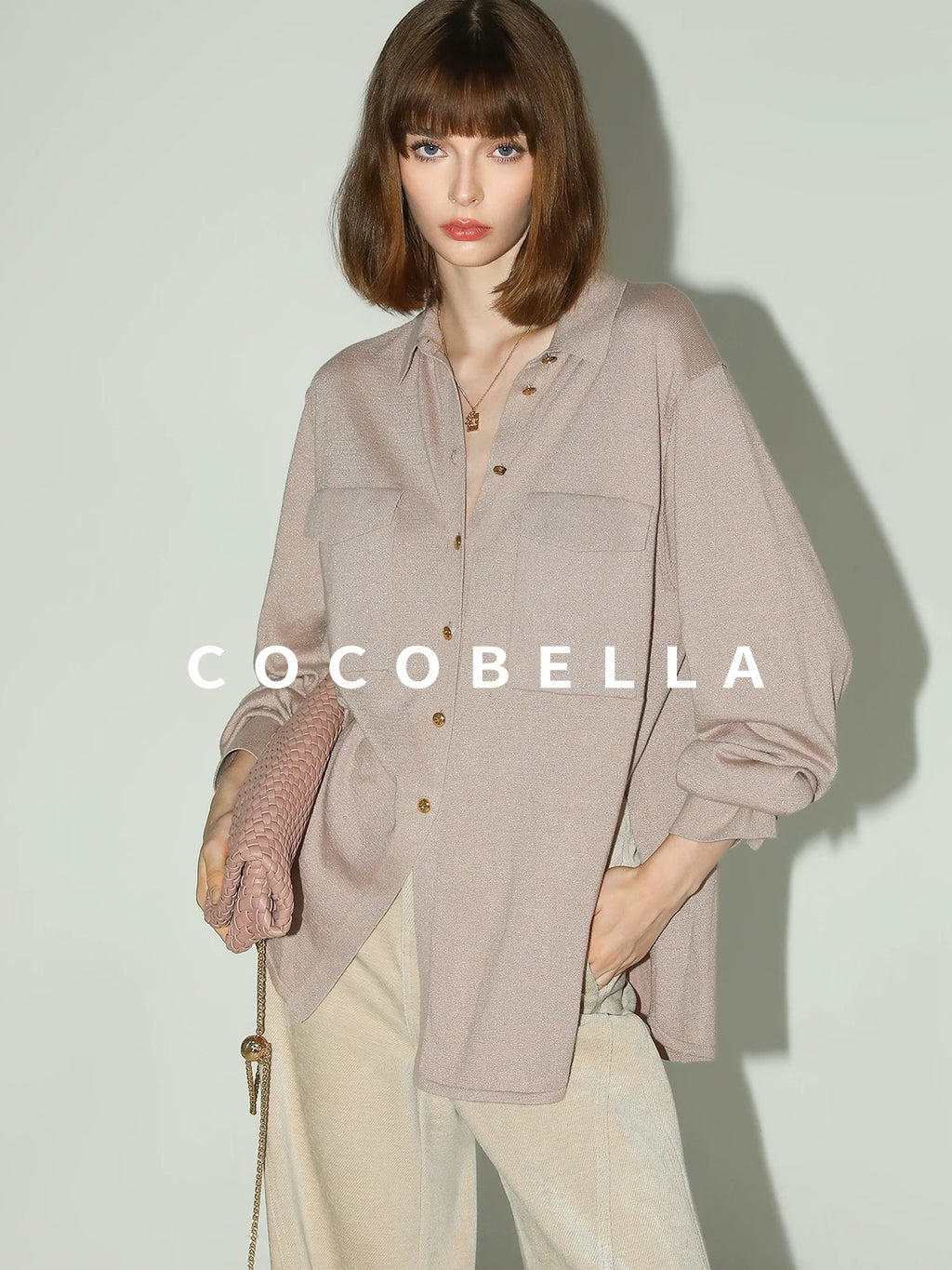 COCOBELLA Soft Cotton Lurex Button Pocket Straight Ladylike Long Sleeve Collared Shirts