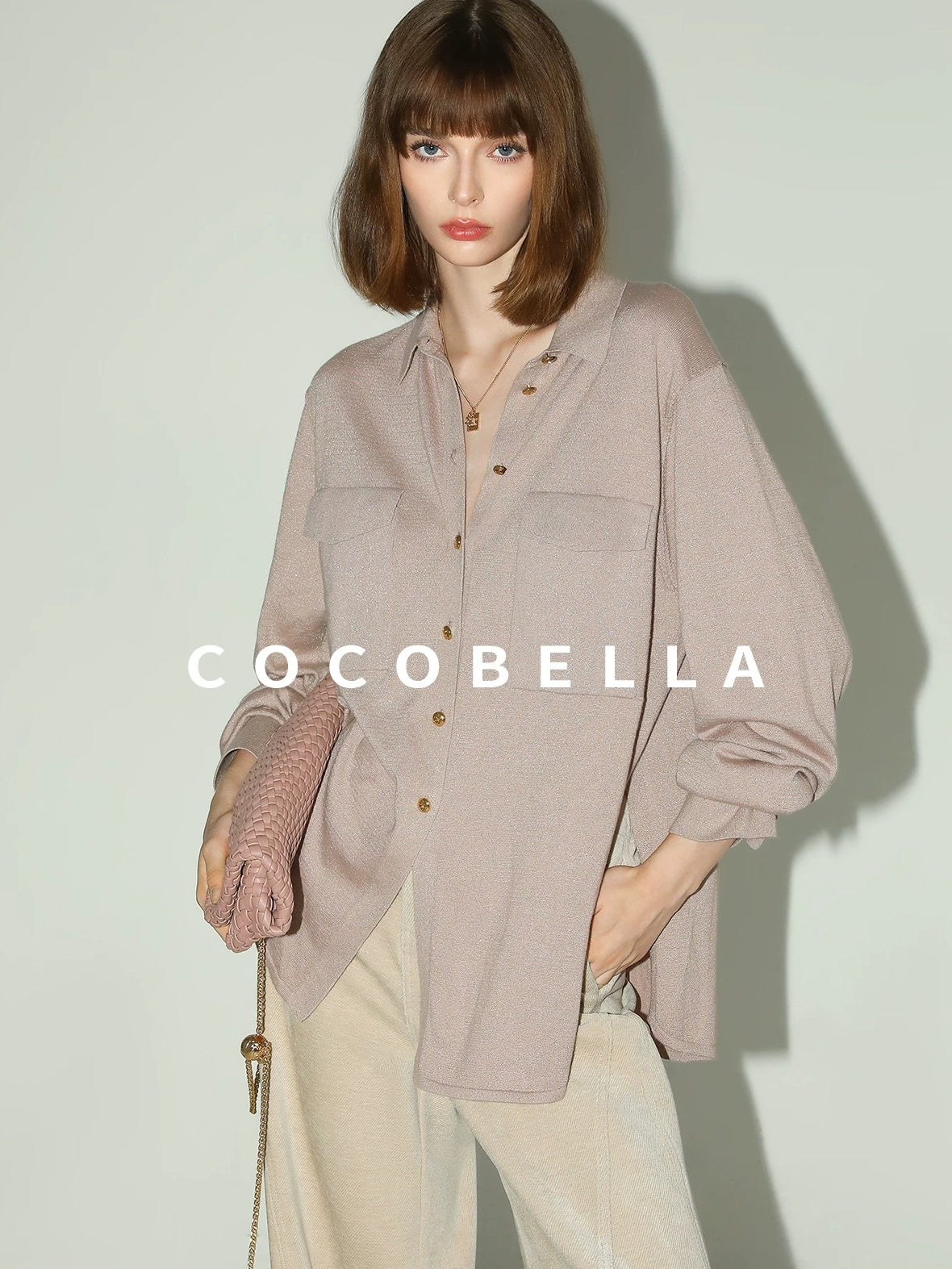 COCOBELLA Soft Cotton Lurex Button Pocket Straight Ladylike Long Sleeve Collared Shirts