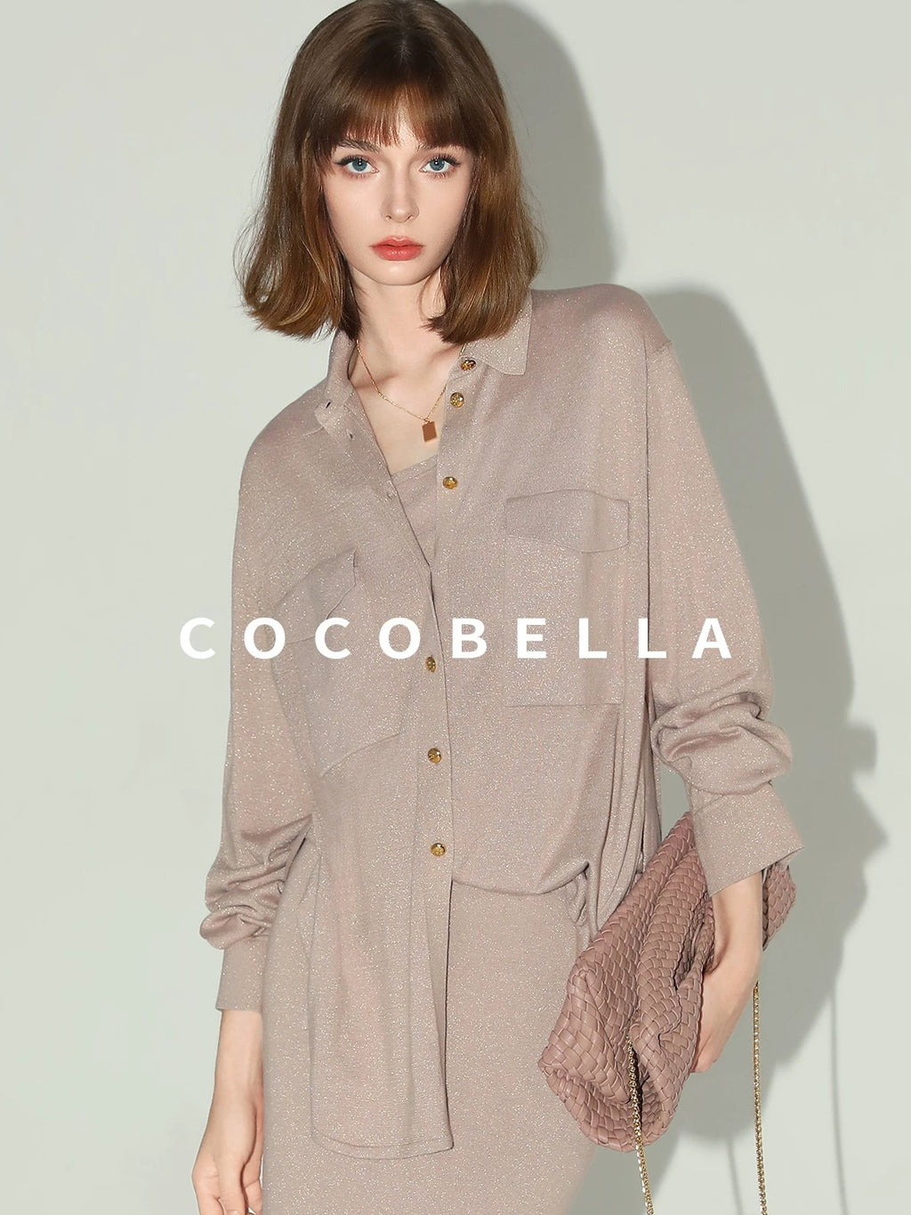 COCOBELLA Soft Cotton Lurex Button Pocket Straight Ladylike Long Sleeve Collared Shirts