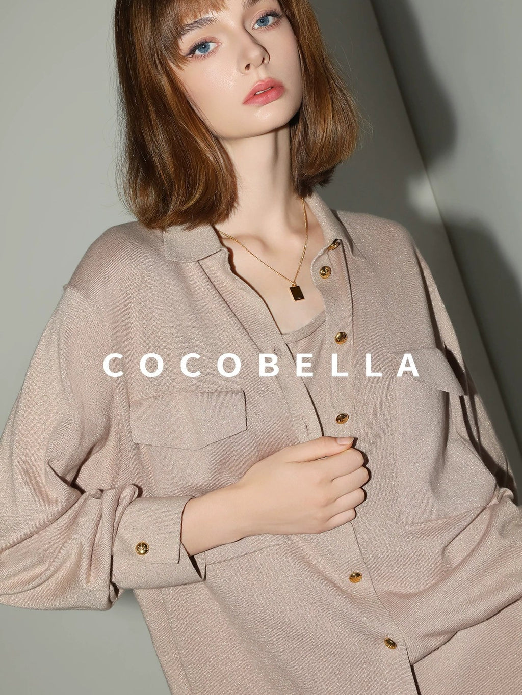 COCOBELLA Soft Cotton Lurex Button Pocket Straight Ladylike Long Sleeve Collared Shirts