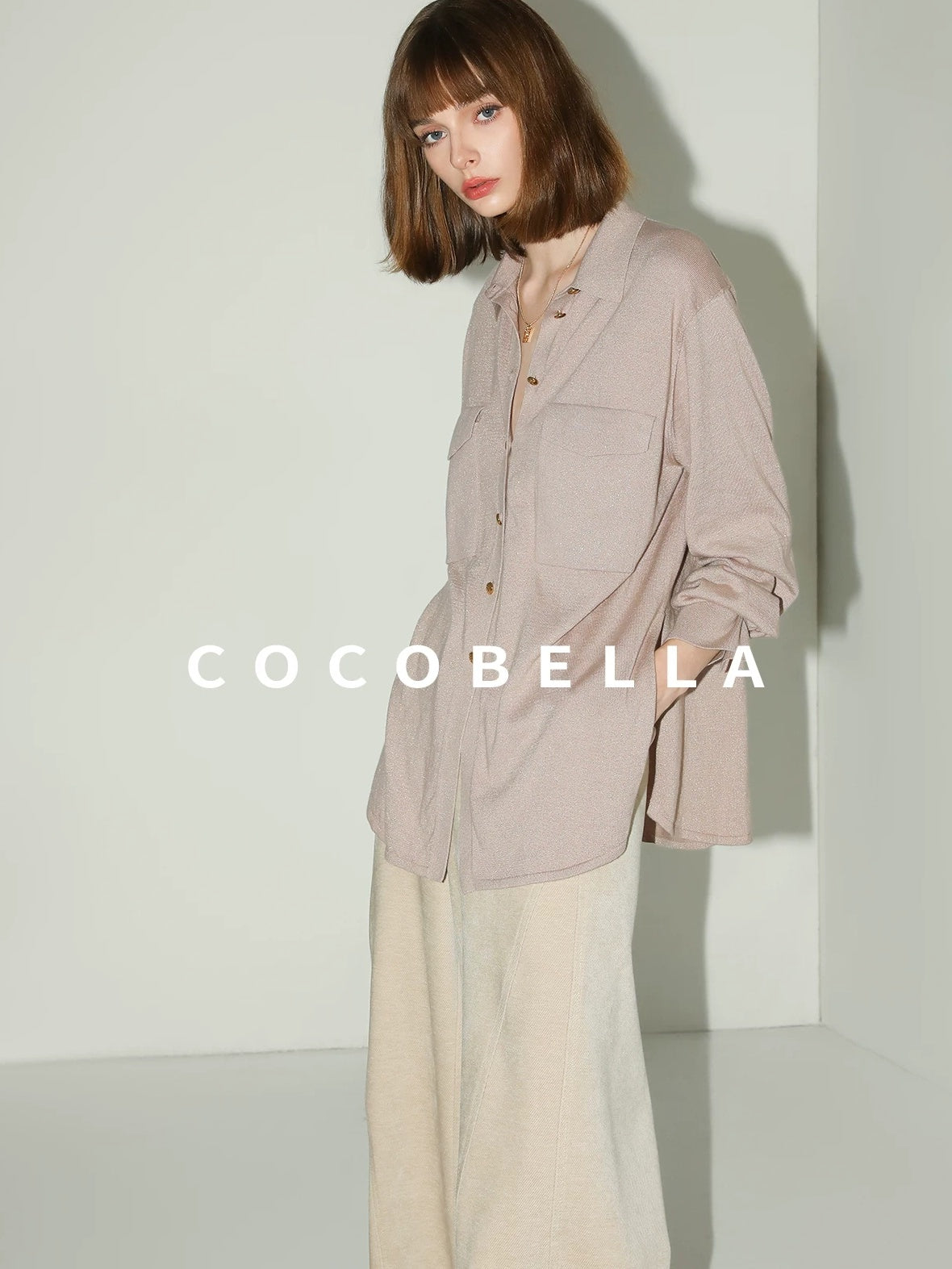 COCOBELLA Soft Cotton Lurex Button Pocket Straight Ladylike Long Sleeve Collared Shirts