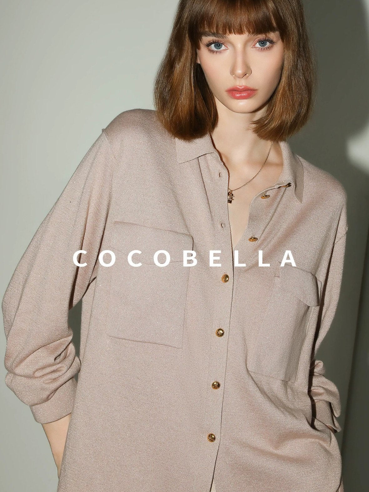COCOBELLA Soft Cotton Lurex Button Pocket Straight Ladylike Long Sleeve Collared Shirts