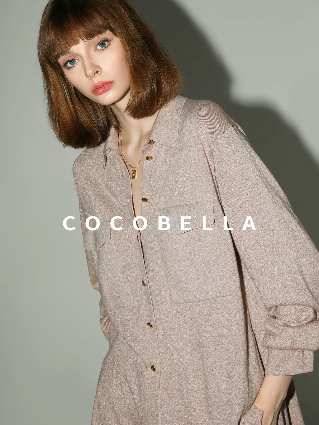 COCOBELLA Soft Cotton Lurex Button Pocket Straight Ladylike Long Sleeve Collared Shirts