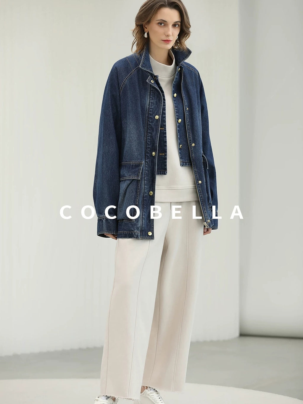 COCOBELLA Soft Cotton Rich Straight Fit Mock Neck Long Sleeve Workwear Knit Sweatshirts