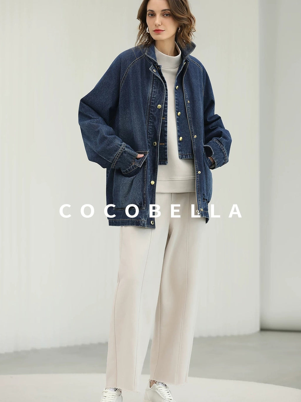 COCOBELLA Soft Cotton Rich Straight Fit Mock Neck Long Sleeve Workwear Knit Sweatshirts