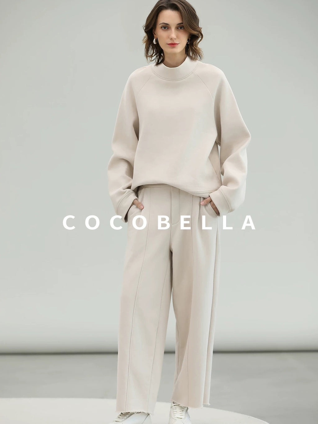 COCOBELLA Soft Cotton Rich Straight Fit Mock Neck Long Sleeve Workwear Knit Sweatshirts