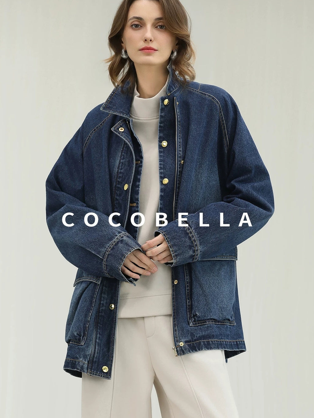 COCOBELLA Soft Cotton Rich Straight Fit Mock Neck Long Sleeve Workwear Knit Sweatshirts