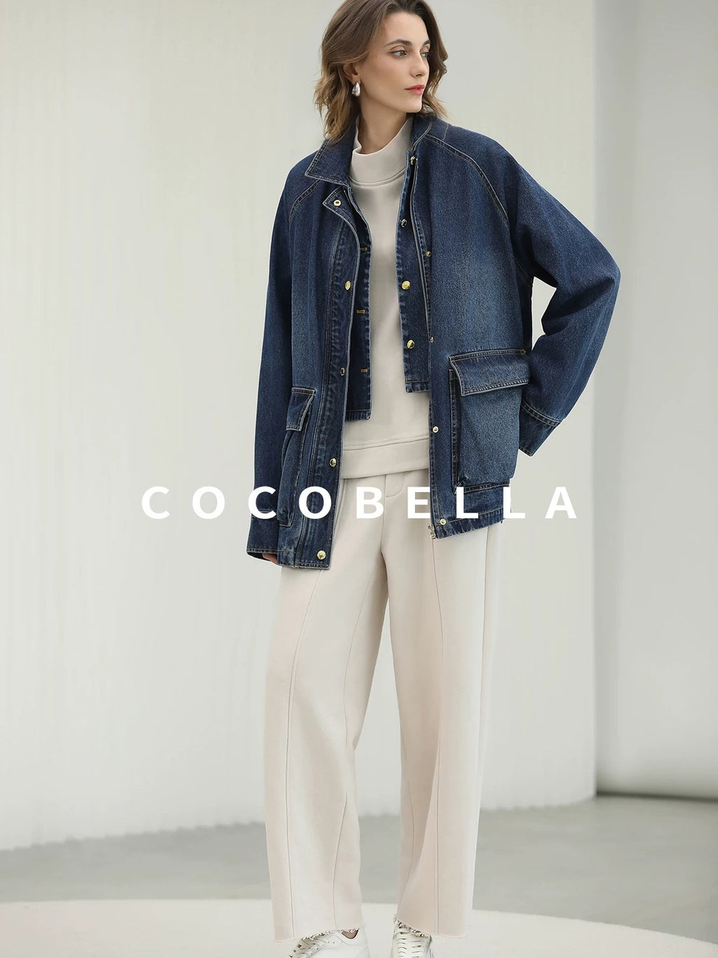 COCOBELLA Soft Cotton Rich Straight Fit Mock Neck Long Sleeve Workwear Knit Sweatshirts