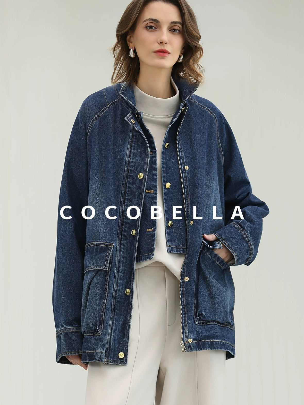 COCOBELLA Soft Cotton Rich Straight Fit Mock Neck Long Sleeve Workwear Knit Sweatshirts