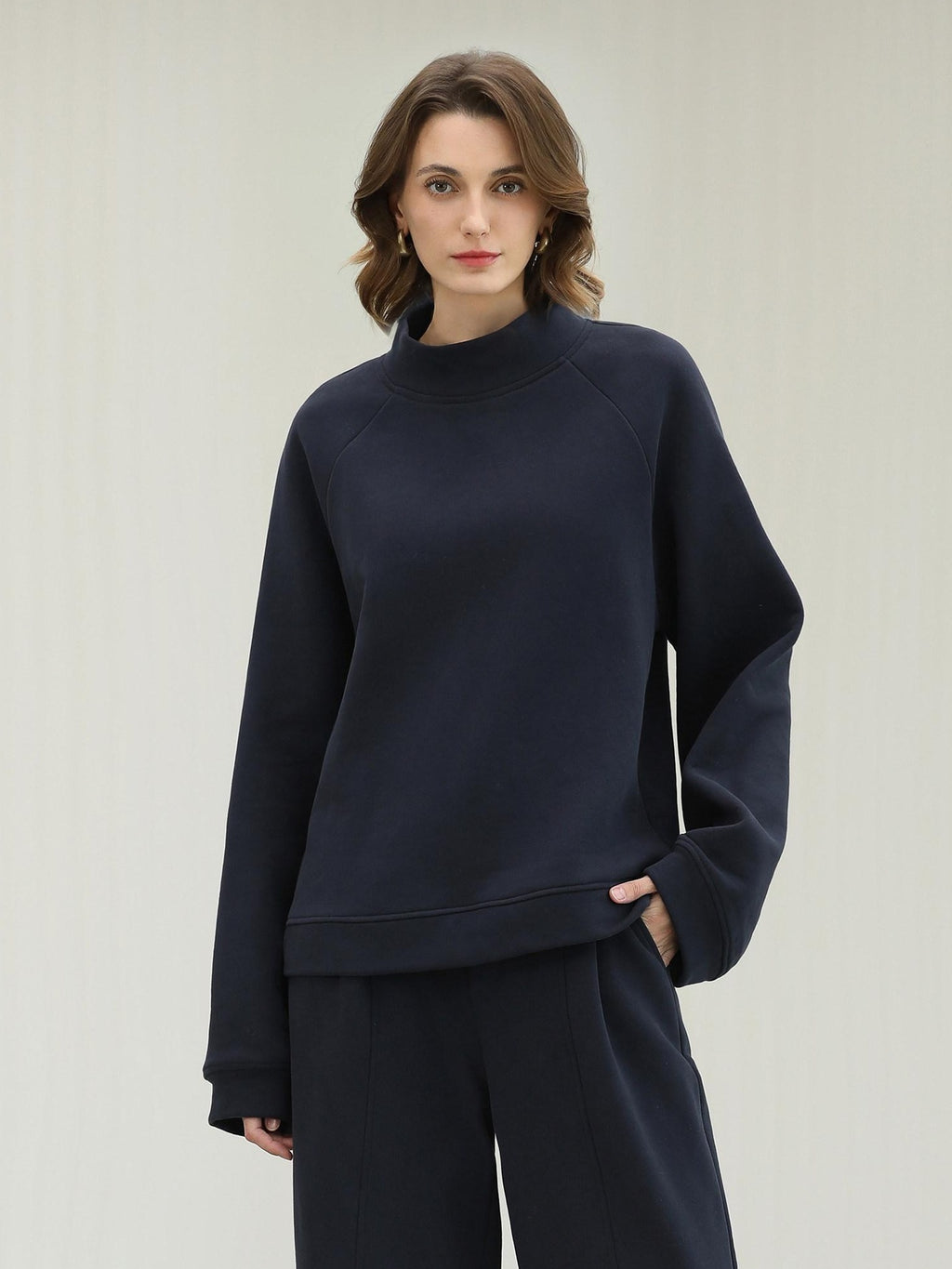 COCOBELLA Soft Cotton Rich Straight Fit Mock Neck Long Sleeve Workwear Knit Sweatshirts