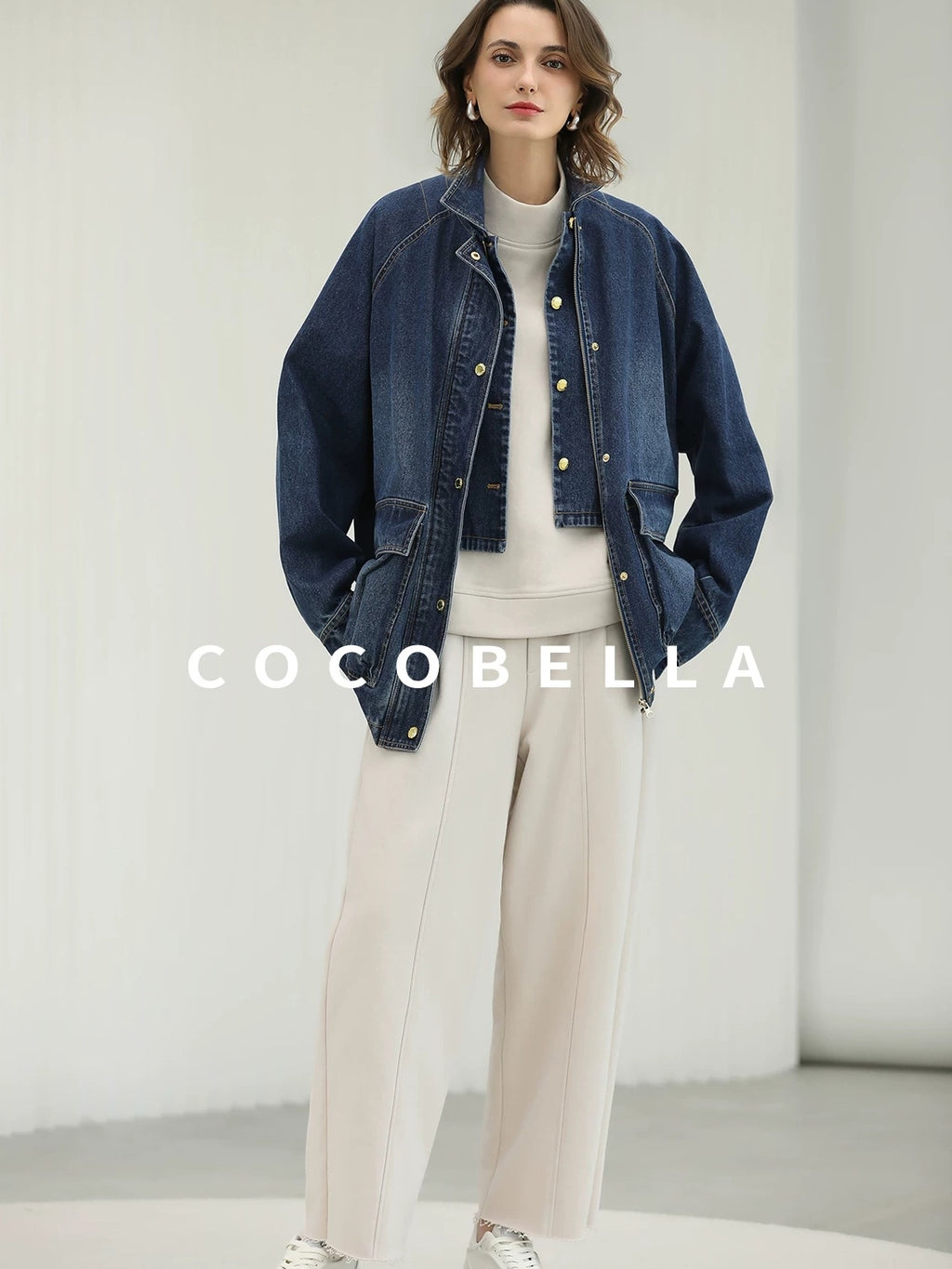 COCOBELLA Soft Cotton Rich Straight Fit Mock Neck Long Sleeve Workwear Knit Sweatshirts