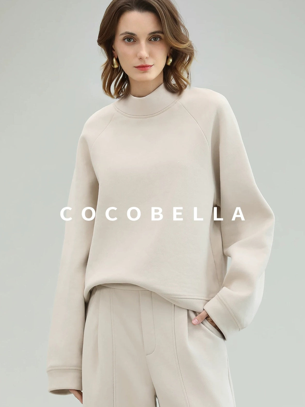 COCOBELLA Soft Cotton Rich Straight Fit Mock Neck Long Sleeve Workwear Knit Sweatshirts