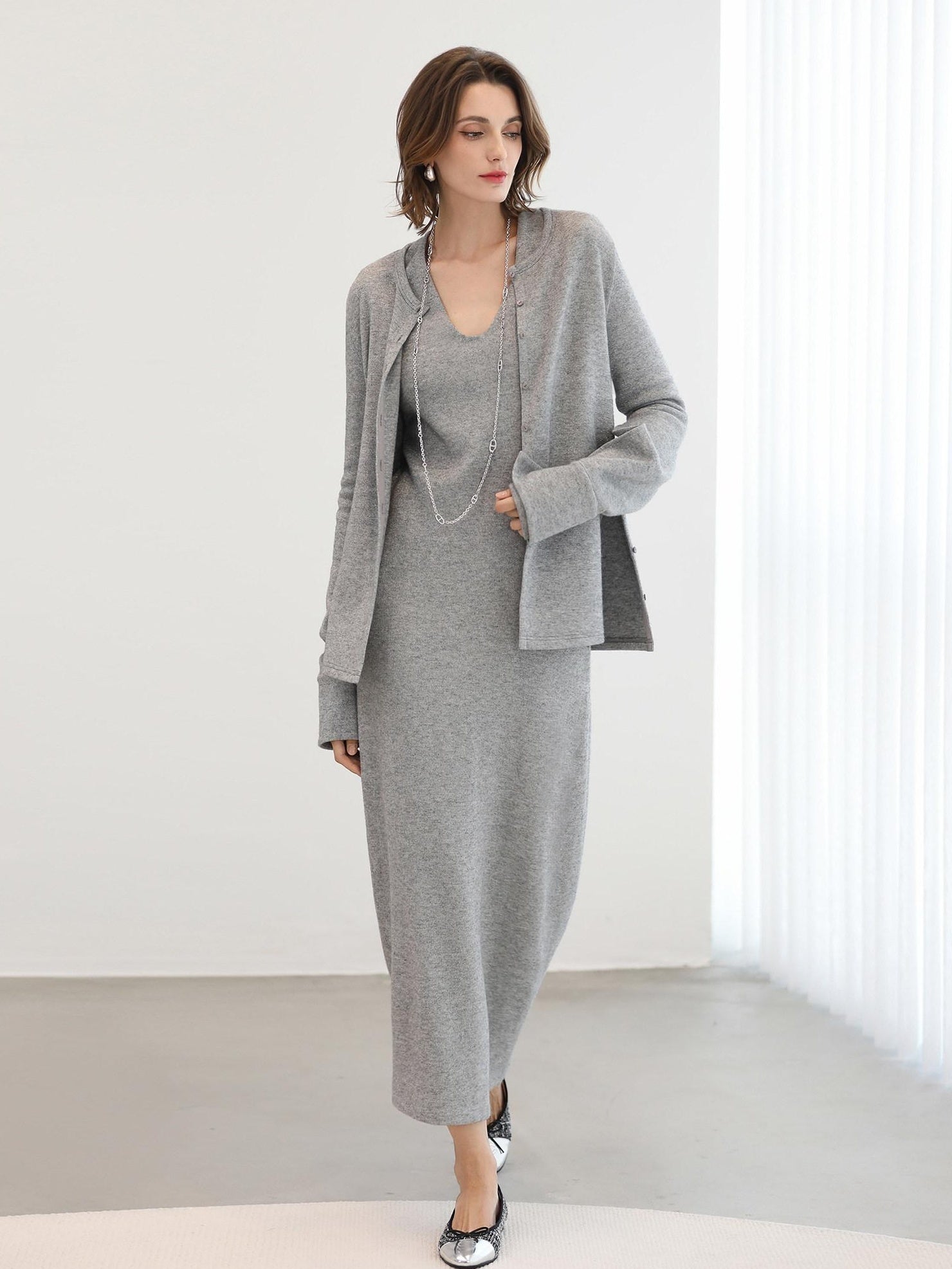 COCOBELLA Soft Elegant V Neck Slim Fit Knitted Long Sleeve Women City Commute Dresses