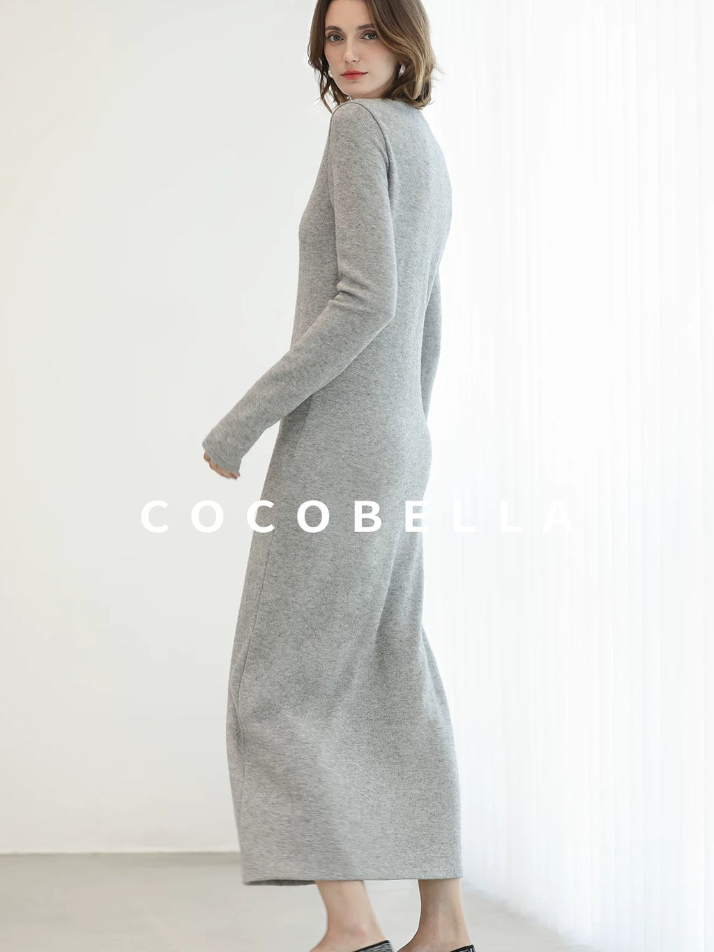 COCOBELLA Soft Elegant V Neck Slim Fit Knitted Long Sleeve Women City Commute Dresses