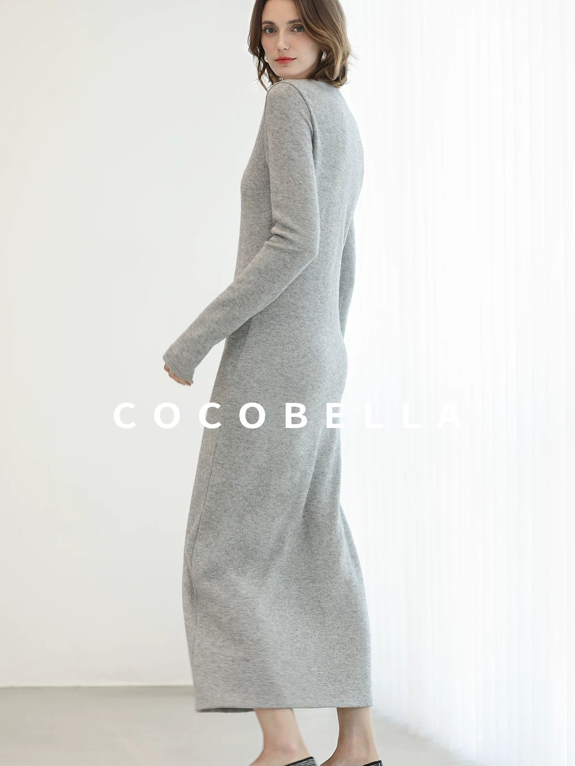 COCOBELLA Soft Elegant V Neck Slim Fit Knitted Long Sleeve Women City Commute Dresses