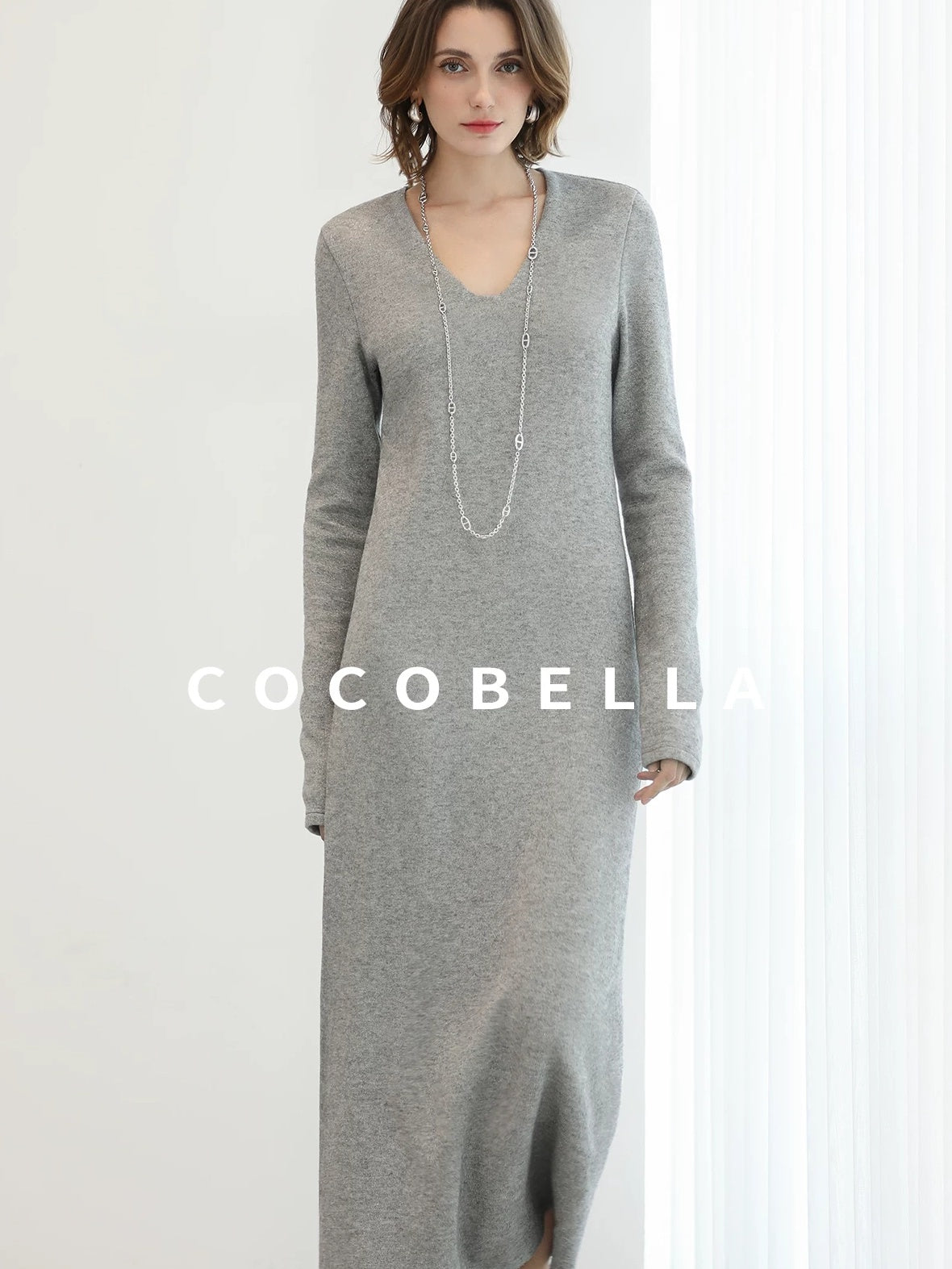 COCOBELLA Soft Elegant V Neck Slim Fit Knitted Long Sleeve Women City Commute Dresses