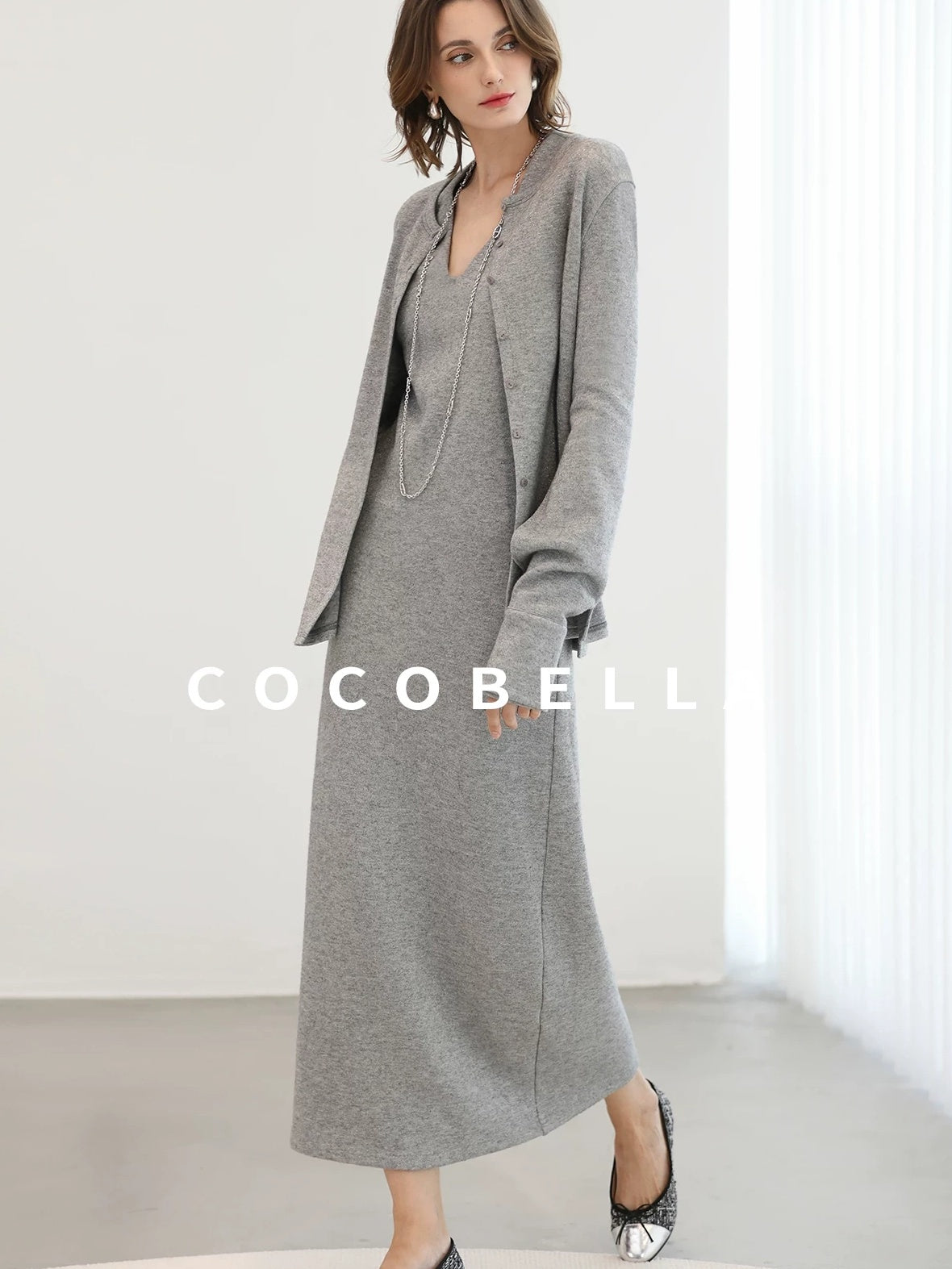 COCOBELLA Soft Elegant V Neck Slim Fit Knitted Long Sleeve Women City Commute Dresses