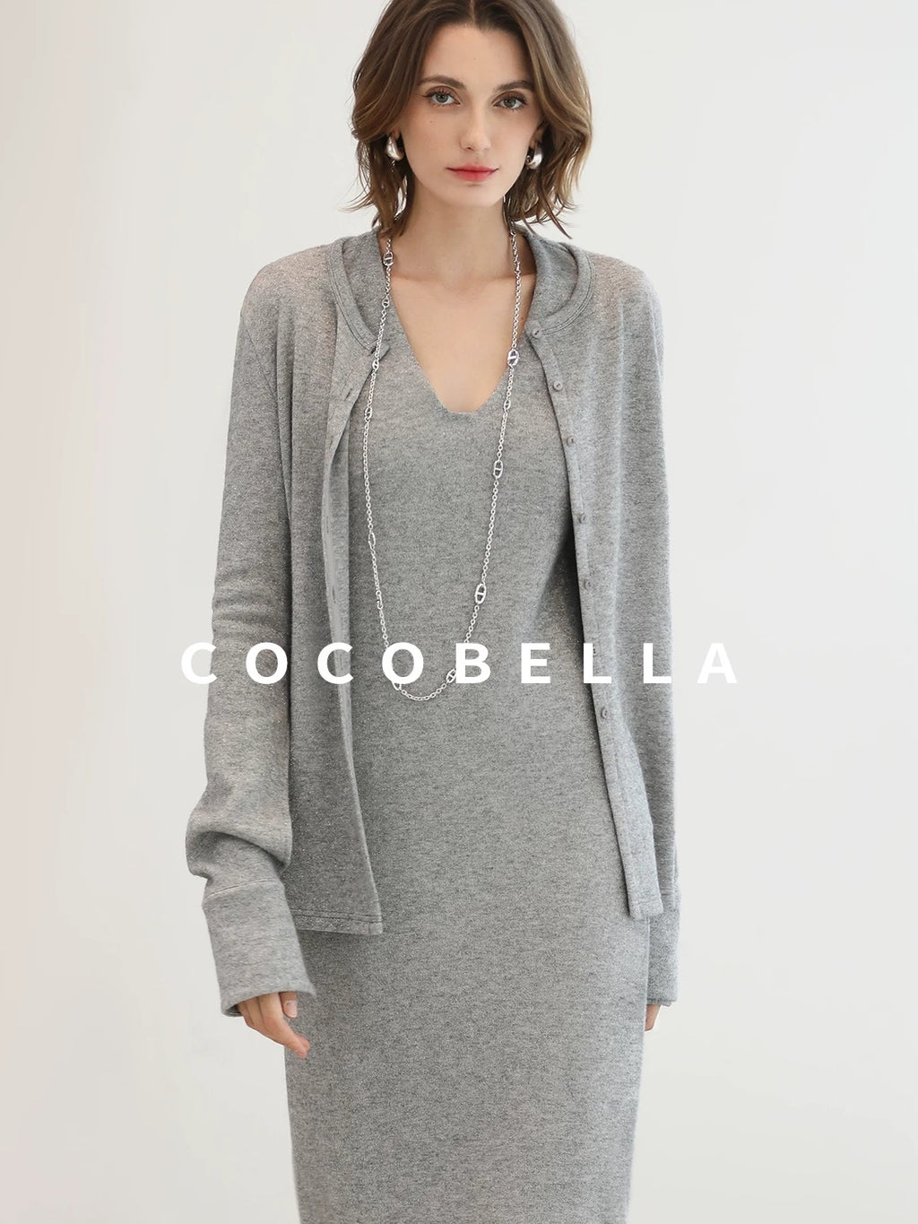 COCOBELLA Soft Elegant V Neck Slim Fit Knitted Long Sleeve Women City Commute Dresses