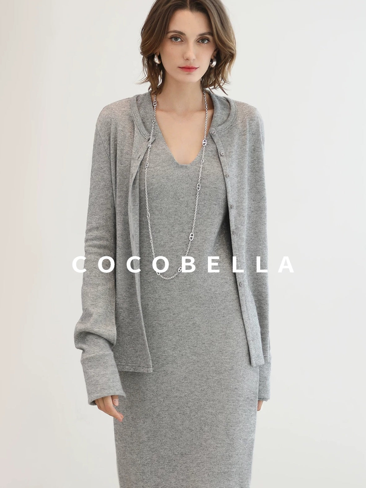 COCOBELLA Soft Elegant V Neck Slim Fit Knitted Long Sleeve Women City Commute Dresses